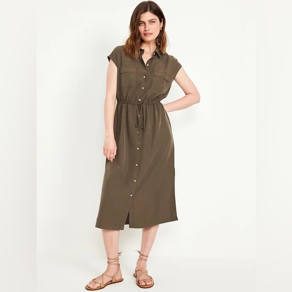 Old Navy Olive Button-Front Midi Dress with Cinched Waist, Size M